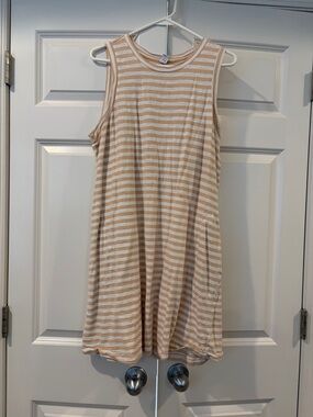 Old Navy Beige and White Striped Sleeveless Swing Dress